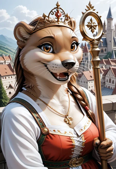 anthro, female otter, voluptuous figure, tufted fur, tufted ears, cheast tuft, otter tail, detailed fur, open smile, long brown hair, brown fur, brown eyes, otter teeth, medieval castle, solo, whiskers, medium breasts, seductive look, balcony, overview, medieval city, bunad, norwegian bunad, norwegian folklore dress, norwegian folklore costume, golden tiara, golden necklace, holding golden staff,