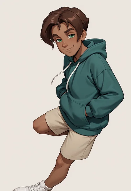 masterpiece, absurdres, high quality, perfect anatomy, 1boy, solo, cute boy, male focus, Presley, Dark Skin, Brown Hair, Green Eyes, green hoodie jacket, oversized hoodie, shorts, smug smile, cinematic, intricately detailed illustration, depth of field, masterpiece, best quality, amazing quality, very aesthetic, absurdres, newest, very awa, shadow, dynamic angle, casual cosplay, dynamic pose, simple background,