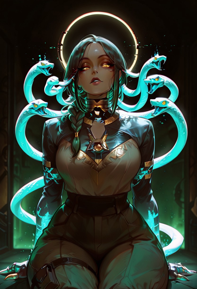 Rating_sfw, mature woman,dynamic hands hacking pose, cyberwear, cyberpunk, humanoid , cybernetic enhancement, serpent themed , oversized clothes, cargo pants, dark clear skin, Egyptian themed lap, ((cute face)), innocent face, pretty face, eyes, detailed eyes, long eyelashes, eyeliner, gorgon,glitching hair, ,(( single braid )) (ar-glitch holographic Snake hair, snake, snake_hair,)) , , eyes, glowing snake, charismatic, curvy, aesthetic, ((perfectly robotic hair, snake hair)), thick lips, full lips, skinny, (slim build), small waist, big breasts,, beautiful detailed face, small face, beautifully complex colored iris, ), enchanting, looking at the viewer,