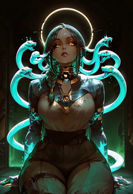 Rating_sfw, mature woman,dynamic hands hacking pose, cyberwear, cyberpunk, humanoid , cybernetic enhancement, serpent themed , oversized clothes, cargo pants, dark clear skin, Egyptian themed lap, ((cute face)), innocent face, pretty face, eyes, detailed eyes, long eyelashes, eyeliner, gorgon,glitching hair, ,(( single braid )) (ar-glitch holographic Snake hair, snake, snake_hair,)) , , eyes, glowing snake, charismatic, curvy, aesthetic, ((perfectly robotic hair, snake hair)), thick lips, full lips, skinny, (slim build), small waist, big breasts,, beautiful detailed face, small face, beautifully complex colored iris, ), enchanting, looking at the viewer,