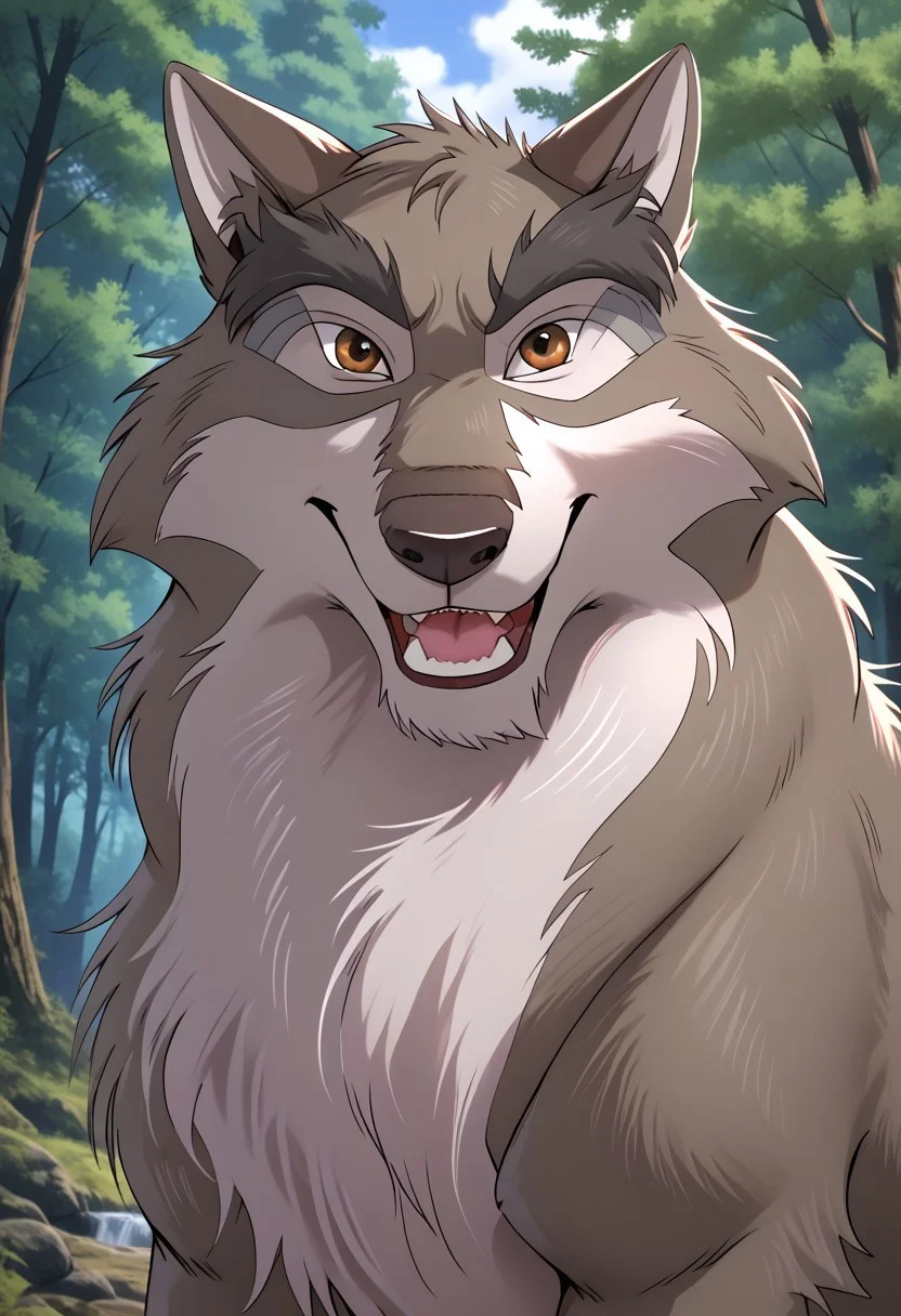 Nava, wolf, feral, male, solo, hi res, eyes focus, handsome, smiling, teeth, forest, sunny, forest background, detailed background, hi res, detailed eyes, eyes focus, big iris, 4k perfect eyes, perfect face, 5fingers, best artwork, highly detailed ultra quality