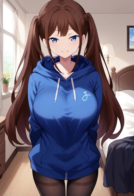 score_9, score_8_up, score_7_up, source_anime, Expressiveh, good_hands, best quality, masterpiece, newest, 4k, uncensored, prefect lighting, very aesthetic, indoors, bedroom, window, day, BREAK
1girl, tsubamentr, tsubame ntr, long hair, blue eyes, brown hair, twintails, long sleeves, pantyhose, hood, black pantyhose, hoodie, hood down, blue hoodie, <lora:terasu-mc-tsubame-ponyxl-lora-nochekaiser:1>, large breasts, BREAK
standing, looking at viewer, hands behind back, smile,
