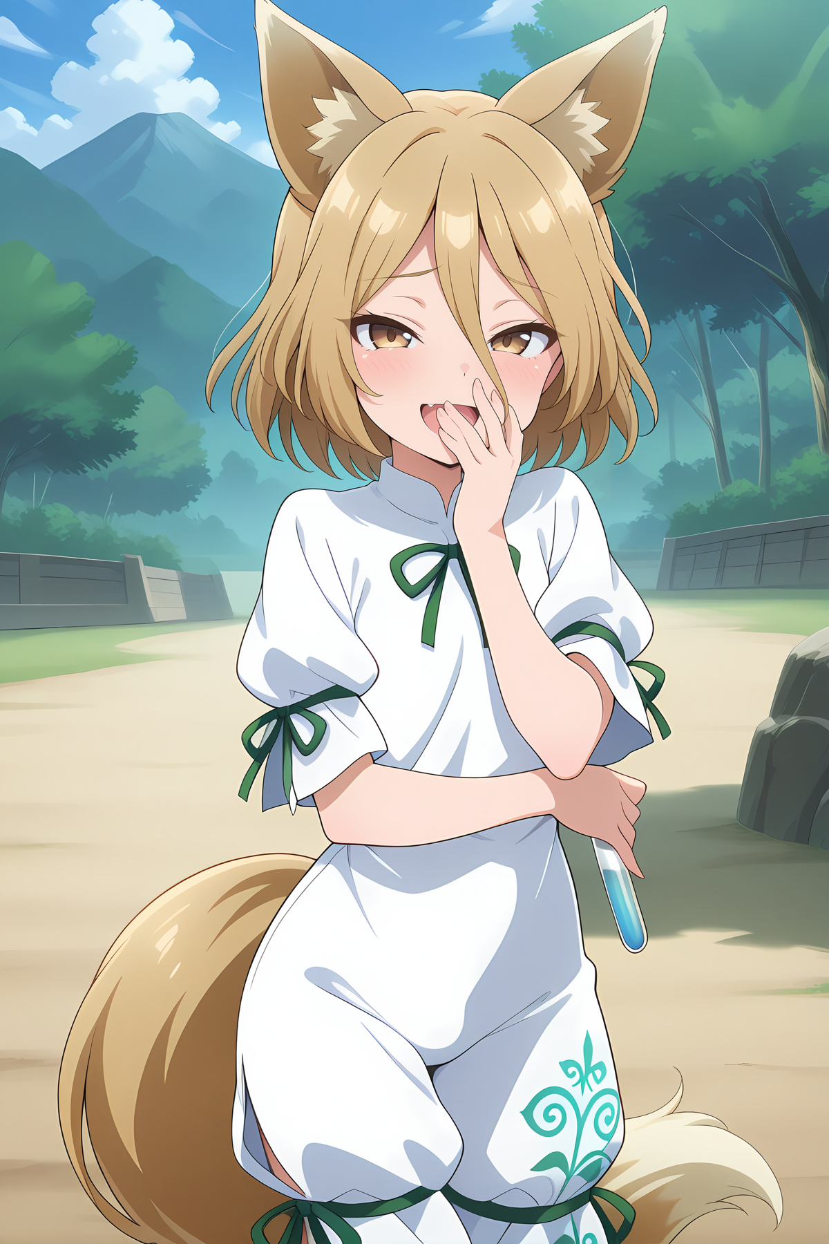 absurdres, highres, masterpiece, best quality, amazing quality, official anime artwork, screencap, anime screencap, outdoors, looking at viewer, open mouth, standing, dynamic pose, 
 <lora:Tsukasa-Kudamaki_Illustrious:1> kudamaki tsukasa, 1girl, solo, brown eyes, blonde hair, short hair, fox ears, fox tail,, white romper, green ribbon, puffy short sleeves, test tube, 
laughing, mesugaki, bullying, hand over mouth,