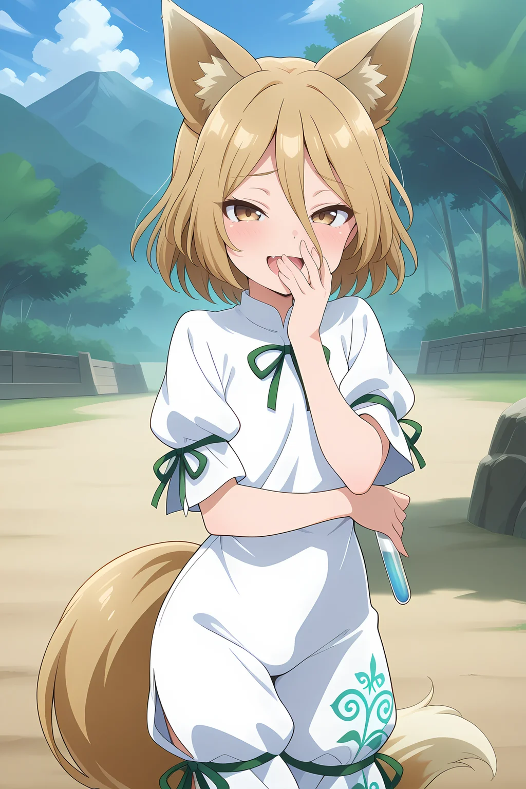 absurdres, highres, masterpiece, best quality, amazing quality, official anime artwork, screencap, anime screencap, outdoors, looking at viewer, open mouth, standing, dynamic pose, 
 <lora:Tsukasa-Kudamaki_Illustrious:1> kudamaki tsukasa, 1girl, solo, brown eyes, blonde hair, short hair, fox ears, fox tail,, white romper, green ribbon, puffy short sleeves, test tube, 
laughing, mesugaki, bullying, hand over mouth,