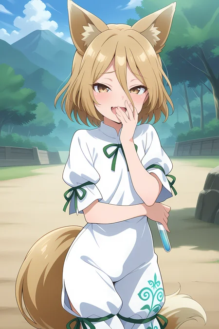absurdres, highres, masterpiece, best quality, amazing quality, official anime artwork, screencap, anime screencap, outdoors, looking at viewer, open mouth, standing, dynamic pose, 
 <lora:Tsukasa-Kudamaki_Illustrious:1> kudamaki tsukasa, 1girl, solo, brown eyes, blonde hair, short hair, fox ears, fox tail,, white romper, green ribbon, puffy short sleeves, test tube, 
laughing, mesugaki, bullying, hand over mouth,