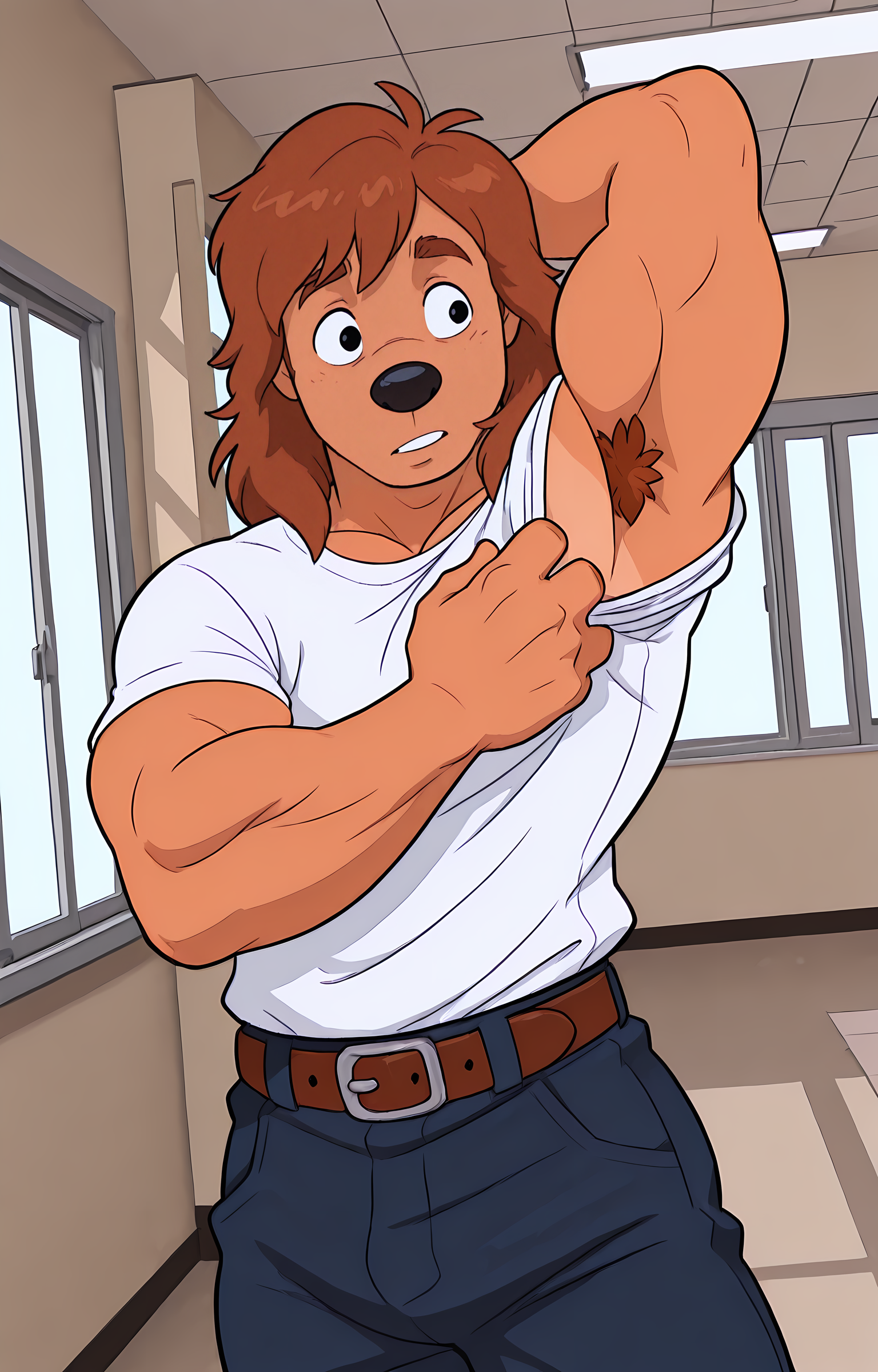 masterpiece, best quality, amazing quality, dutch angle, school hallway, window, sunny day, BREAK
one raised arm, presenting one armpit, thick armpit hair, rolled sleeves, BREAK
1boy, solo, male focus, muscular male, brown hair, medium hair, thick eyebrows, black eyes, black nose, tan body, white shirt, belt, jeans, upper body focus, BREAK 
<lora:Chad - A Goofy Movie - ILXL:1> <lora:WFA Style - ILXL:1> wfastyle