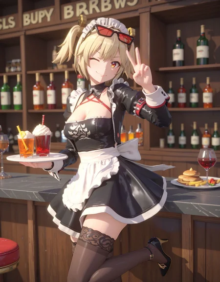 score_9, score_8_up, score_7_up, 3d, bar counter, beverage on the shelves, red stools, in the luxurious bar,
1girl, medium breasts, <lora:zzzburnice.pony:0.6>, zzzburnice, short hair, short twintails, hair ornament, sunglasses, eyewear on head, wink, smirking,
white maid headdress, black maid dress, cleavage, black stockings, black highheels, standing, one leg up, holding a plate, peace hand gesture,