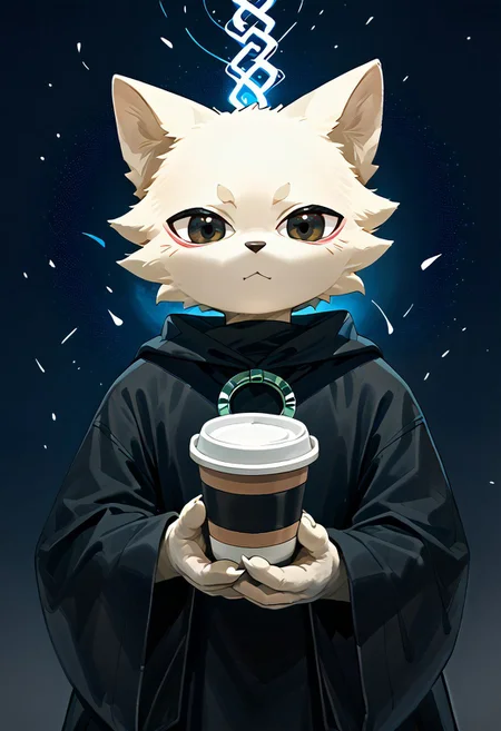 levelonerubili, yi, zPDXL3, 1boy, solo, domestic cat, felid, feline, felis, mammal, solarian, white fur, anthro, black clothing, clothing, detailed background, looking at viewer, male, score_9, score_8_up, score_7_up, cute, kemono, holding, coffee, modern city background