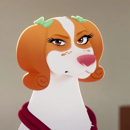 score_9, score_8_up, score_7_up, score_6_up, source_furry, source_cartoon, best quality, masterpiece, absurdres, 
1girl, solo, tanebl, spaniel, female, feral, dog, 
green bow, brown eyes, freckles, annoyed, looking at viewer, upper body, red collar,
indoors, simple background