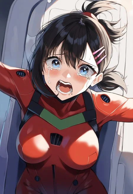 score_9, score_8_up, score_7_up, source_anime, hi res, masterpiece, best quality, highres, rkanime_ps, higashiyama kobeni, plugsuit, 1girl, cosplay, open mouth, hair ornament, red bodysuit, hairclip, cockpit, mole under mouth, mole under eye, souryuu asuka langley, black hair, interface headset, short ponytail, looking at viewer, bangs, single sidelock, pilot suit, teeth, crying, screaming, medium hair, medium breasts, tears, multicolored clothes, scared, close up