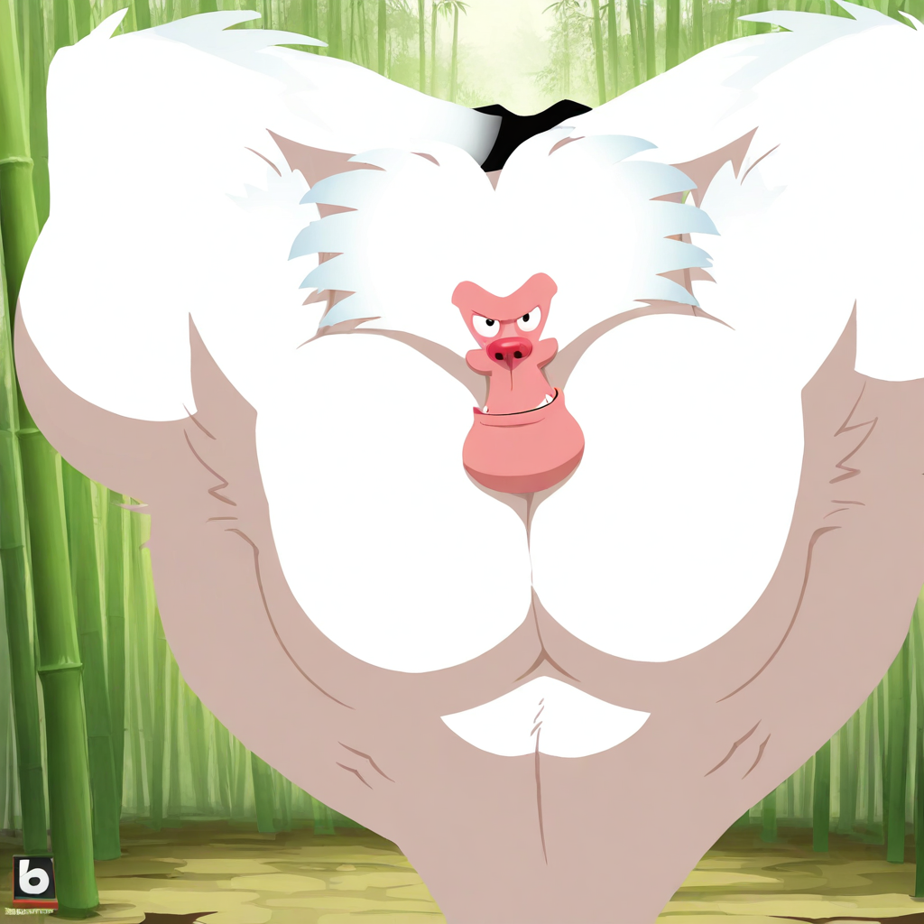 absurdres, masterpiece, 4k, 8k, cinematic lighting, dynamic posing BREAK Baboon, white fur, primate, villain, 1boy, solo, arms down, smile, looking at viewer, pointing at viewer, large muscles, large pectorals, facing front BREAK bamboo forest