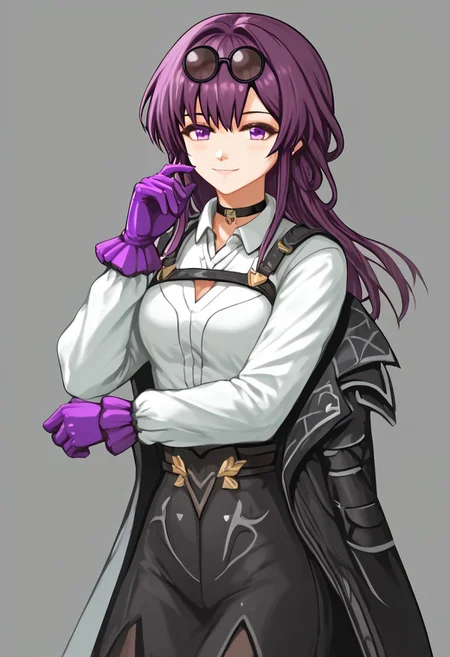 score_4,score_5,score_6,score_7_up,score_8_up,score_9
((masterpiece,best quality,ultra detailed,highres,HD,4k:1.2)),
1 cute girl,solo,
kafka hsr,long hair, purple hair,purple eyes,bangs,
eyewear on head,gloves,sunglasses, shirt, long sleeves, jacket, purple gloves, white shirt, black jacket, choker,
smile,