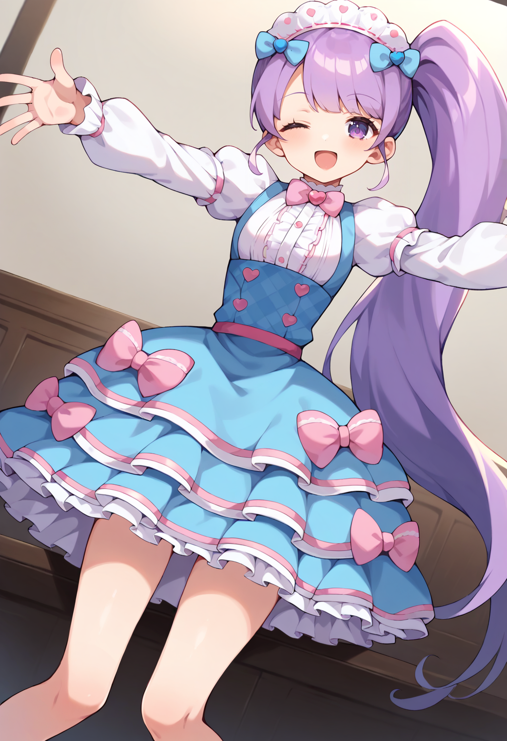 score_9, score_8_up, score_7_up, score_6_up, score_5_up, score_4_up, source_anime,
solo, 1girl, prinonb, side ponytail, very long hair, purple eyes, 
blue dress, plaid, maid headdress, hair bow, blue bow, pink bow, puffy sleeves, long sleeves, ribbon trim, 
looking at viewer, smile, open mouth, half-closed eyes, 
<lora:_manaka_non-elesico-pony-e12:0.9>