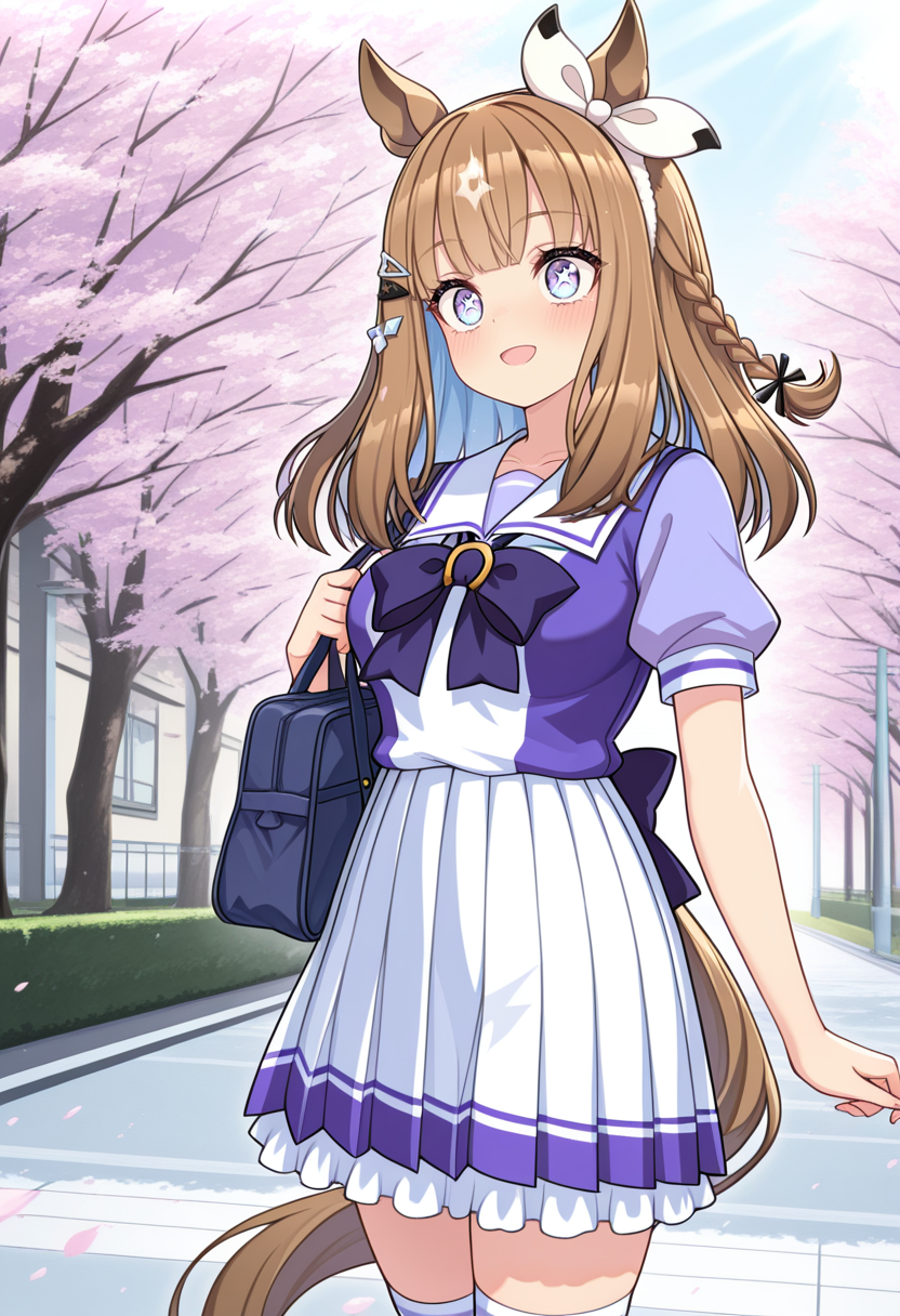 <lora:Almond_Eye:1> almondeyeuma, horse girl,  tracen school uniform, school, cherry blossoms,, masterpiece, best quality, amazing quality,