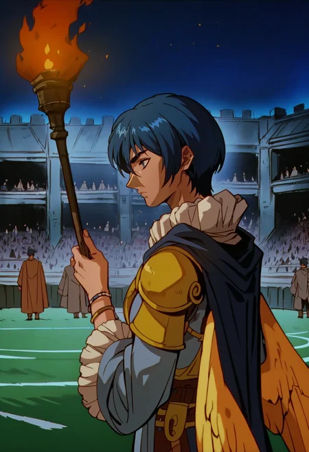 score_9, score_8_up, score_7_up, score_6_up, score_5_up, score_4_up,
<lora:BerserkV5:1> berserk,
1girl, solo, short hair, blue eyes, black hair, long sleeves, holding, closed mouth, jewelry, blue hair, upper body, wings, solo focus, medium hair, signature, wide sleeves, cape, armor, bracelet, night, fire, shoulder armor, feathered wings, robe, pauldrons, serious, shoulder pads, crowd, torch, yellow wings, stadium, audience, holding torch
