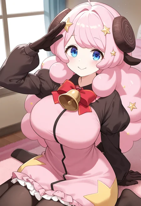 1girl,solo,moa_(show_by_rock!!),<lora:moail:0.9>,blue eyes,ahoge,long hair,pink hair,horns,sheep ears,sheep horns,star hair ornament,star (symbol),pink dress,long sleeves,puffy sleeves,black sleeves,bell,red bow,star (symbol) skirt,pantyhose,gloves,bedroom,carpet,smile,:>,salute,wariza,window,looking_at_viewer,cowboy_shot,masterpiece,best quality,good quality,newest,incredibly absurdres,