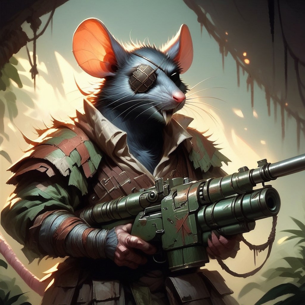 score_9, score_8_up, score_7_up, score_6_up,  Skaven, an armored gunnner holding a heavy machine gun with 6 barrels , 1 eye patch, cinematic lighting, in the jungle