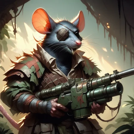 score_9, score_8_up, score_7_up, score_6_up, Skaven, an armored gunnner holding a heavy machine gun with 6 barrels , 1 eye patch, cinematic lighting, in the jungle