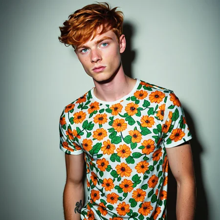 Raw photo, high saturation, full body shot of a juicy Irish twunk boy next door pose, model, boy next door, floral patterned white skinny t-shirt, cheeky, very short ginger hair, high fashion, (studio background), neon stage lighting, (silhouette), (shadows), skin imperfections,