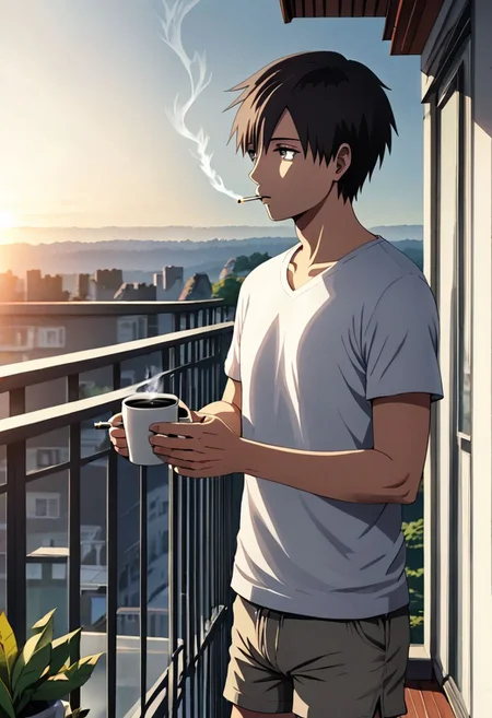 high resolution, solo, best quality, 1Boy, Takaki Toono, Brownish Hair, Brown Eyes, home balcony, morning, cigarette, coffee, t-shirt, shorts, looking away, OverallDetail