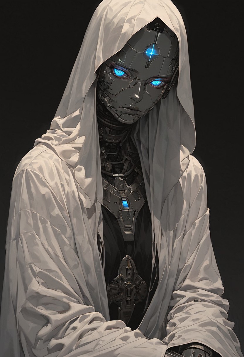 Expressiveh, (masterpiece, ultra detailed, best quality:1.2, highly detailed skin:1.2, highly detailed), score_9, score_8_up, score_7_up, score_6_up, 8k, best quality, beautiful girl, 1girl, perfect eyes, blue eyes, intricate patterns, solo, robot, eye contact, looking at viewer, dark room, detailed face, priestess robes, loose clothes, cowboy shot, 748cmstyle, robot face, robotic face, hairless, sad, alcohol, dark, night, alone, bottle of rum, messy clothes, sitting, bald