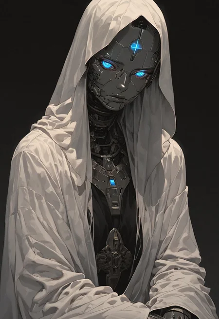 Expressiveh, (masterpiece, ultra detailed, best quality:1.2, highly detailed skin:1.2, highly detailed), score_9, score_8_up, score_7_up, score_6_up, 8k, best quality, beautiful girl, 1girl, perfect eyes, blue eyes, intricate patterns, solo, robot, eye contact, looking at viewer, dark room, detailed face, priestess robes, loose clothes, cowboy shot, 748cmstyle, robot face, robotic face, hairless, sad, alcohol, dark, night, alone, bottle of rum, messy clothes, sitting, bald