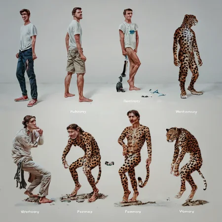 Realistic, score_9, score_8_up, score_7_up, darwintheory, man evolving, 5 stage evolution, on a flat white background, a jaguar turning into a man , darwintheory, in the style of anime <lora:evolutionPonyXL:1> , darwintheory, animal evolving