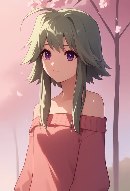 score_9, score_8_up, score_7_up,closed mouth, shiny skin, light smile,ohwx, solo, 1girl, purple_eyes, green_hair, short_hair_with_long_locks, sidelocks, ahoge,bare_shoulders, dress, sweater, off_shoulder, cherry blossom,<lora:mayumi_thyme_pony_sobsynapse-000005:1>