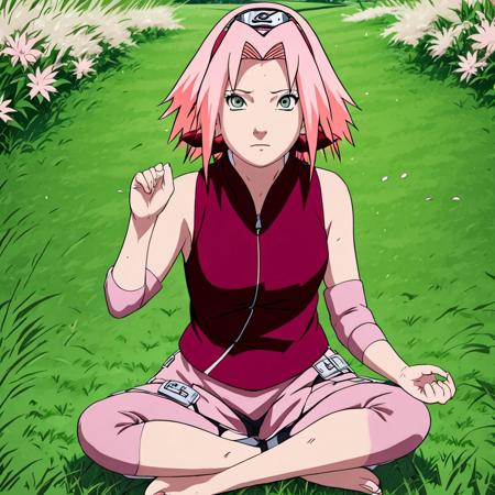 Sakura Haruno strikes a calm beautiful pose as she meditates in the grass with wind blowing her beautiful hair