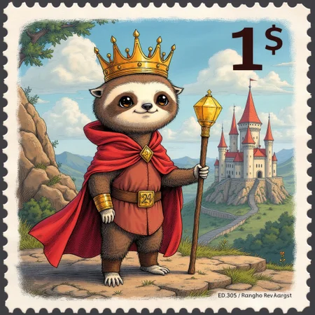 a_ck_postage_stamp_craft, a postage stamp featuring a cute sloth king hero with crown and magic robe, holding a magic staff,beautiful castle in the background, price 1$