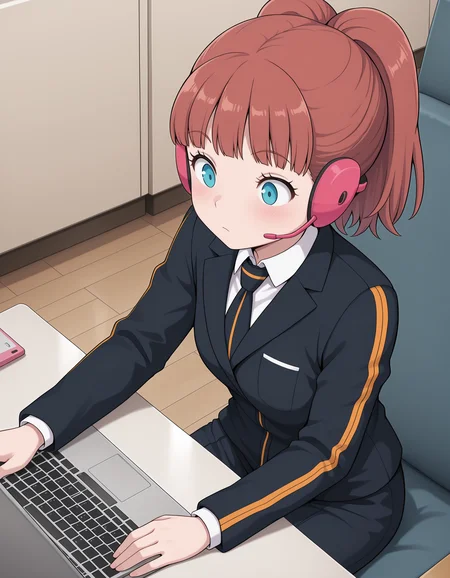 <lora:WorldTrigger_TaketomiSakurako_V1[IL]:1>, taketomi sakurako,  sitting, headset, laptop,, masterpiece,best quality, very aesthetic,absurdres,newest,