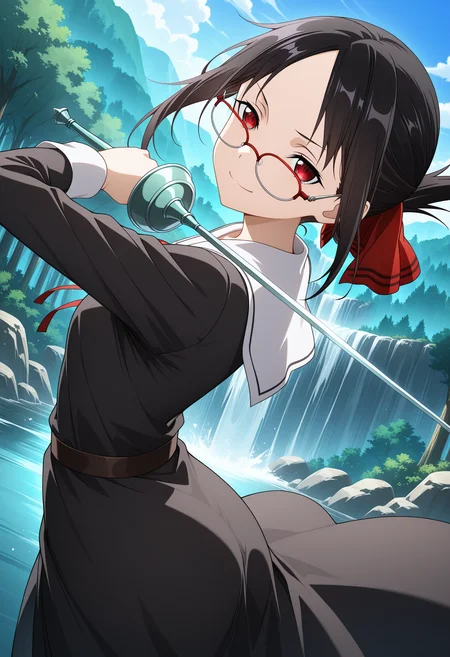 masterpiece, best quality, high resolution, source_anime, highly detailed illustration, detailed eyes,
very aesthetic, absurdres, newest, amazing quality,
cowboy shot, incoming attack,
1girl, solo, shinomiya kaguya, sword art online, rapier, holding, outdoors, forest, river, waterfall, smile, half-closed eyes, looking at viewer, serious, sky, dutch angle, from side,
<lora:shiCrookedEyeV1ill:1>, shicrookglass, crooked eyewear,
