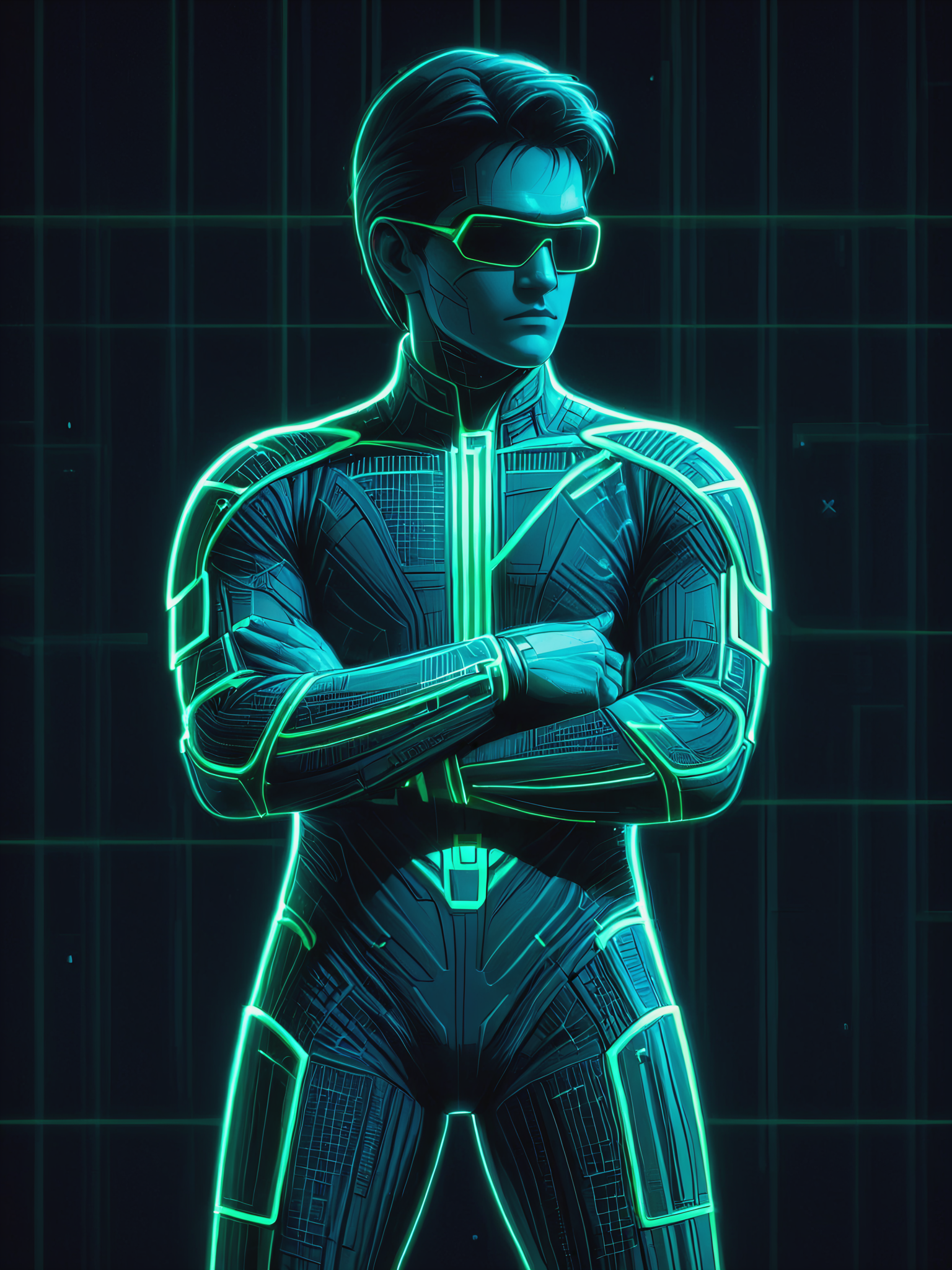 mad-cyberspace, man, dynamic pose, green and red glowing outlines, grid, cyberpunk, 1980s, retro, scifi, Crossed arm pose <lora:Neon_Cyberpunk_Cyberspace_SDXL_v2:1.0>, (masterpiece:1.2), best quality