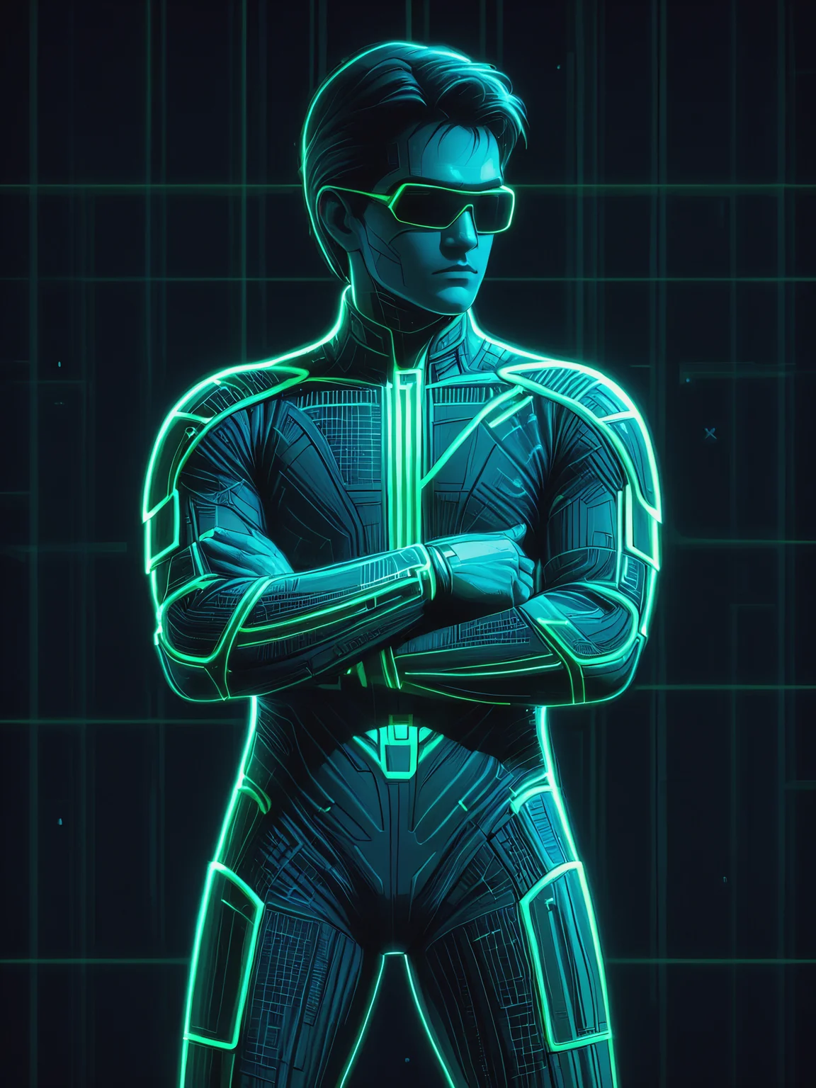 mad-cyberspace, man, dynamic pose, green and red glowing outlines, grid, cyberpunk, 1980s, retro, scifi, Crossed arm pose <lora:Neon_Cyberpunk_Cyberspace_SDXL_v2:1.0>, (masterpiece:1.2), best quality