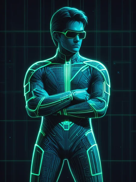 mad-cyberspace, man, dynamic pose, green and red glowing outlines, grid, cyberpunk, 1980s, retro, scifi, Crossed arm pose <lora:Neon_Cyberpunk_Cyberspace_SDXL_v2:1.0>, (masterpiece:1.2), best quality