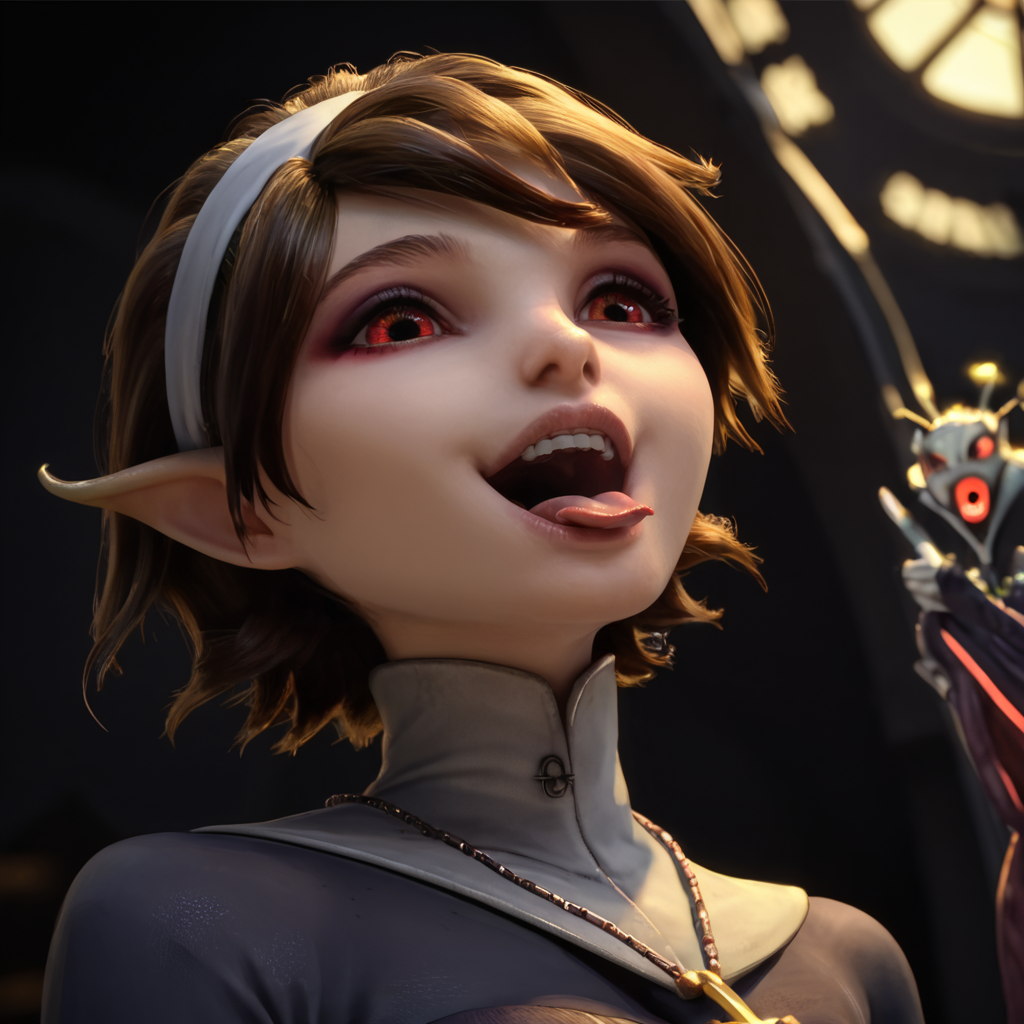 masterpiece, detailed quality, 1girl, black background, score_9, source_anime, score_8_up, score_7_up,
Double,glowing red eyes,red sclera,
skin tight,standing,open mouth,from below, loving smile, <lora:Expressive_H:1> expressiveh
tongue out,
,cross necklace,long sleeves,nun,
church,red lighting,dim lighting,
<lora:Double:0.9>, zPDXL3,  <lora:Eyes_High_Definition:0.25> eyeshd <lora:Marianne:1> marianne, brown hair, brown eyes, fairy, pixie, short hair, pointy ears, eyeliner,