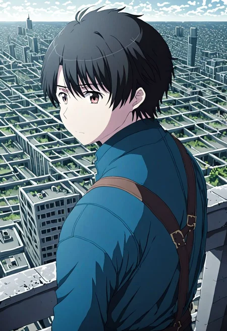 high resolution, solo, best quality, 1Boy, Inaho Kaizuka, Black Hair, high-rise, top of building, landscape, depth of field, OverallDetail