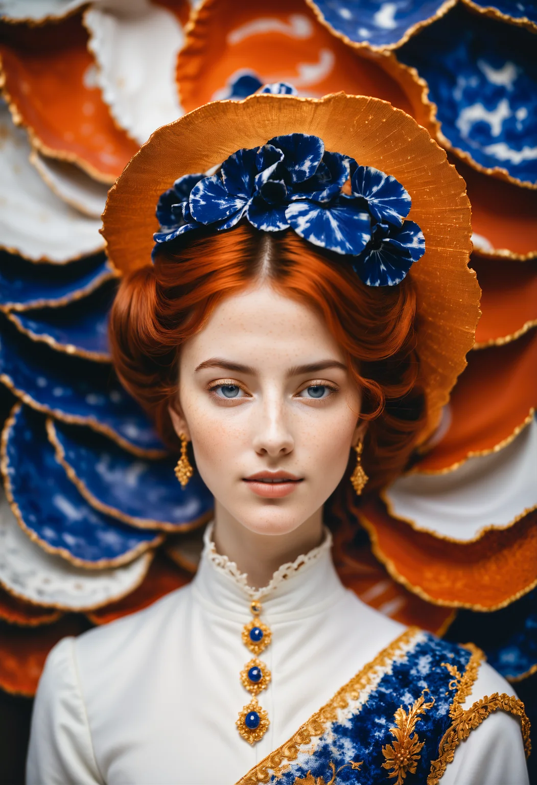 hyperrealistic renaissance photograph of a young woman made out of (Delfts red:1.1), cracked, shattered porcelain, deep fine cracks, kintsugi, white porcelain, delfts blauw, as seen from side, looking at viewer, face focus, freckles, multicolored hair, gradient hair, smile, complex background, magical swirls, surrounded by magic, magic explosion, paint splashes, vignette, masterpiece, best quality, (intricate details), (****), eldritch, glow, glowing eyes, (volumetric lighting), unique pose, dynamic pose, dutch angle, 35mm, anamorphic, lightroom, cinematography, film grain, HDR10, 8k hdr, Steve McCurry, ((cinematic)), RAW, color graded portra 400 film, remarkable color, raytracing, subsurface scattering, hyperrealistic, extreme skin details, skin pores, deep shadows, contrast, dark theme,