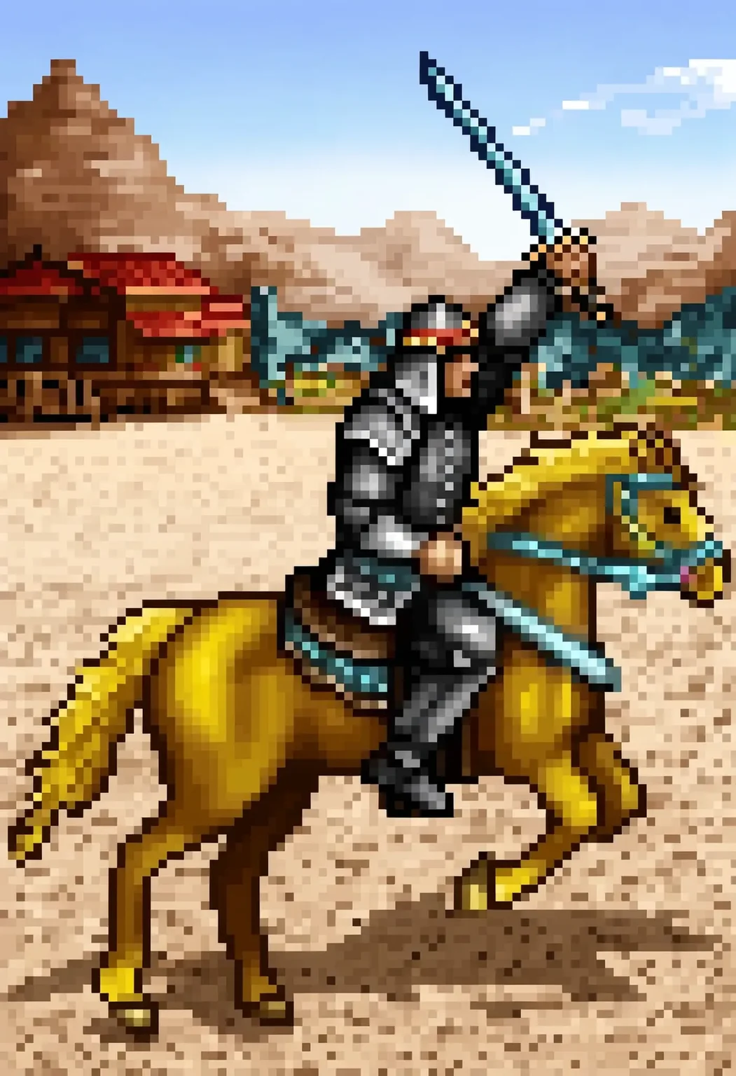 (newest, masterpiece, best quality, beautiful lighting, very aesthetic, detailed background, very awa, perfect composition, detailed, realistic, photorealism, photo, high contrast), BREAK,
heroes2, pixel art, full body, human, nomad, from front, 1boy, solo, cavalry, horse, riding horse, yellow horse, yellow mane, black eyes, asian, middle east, metal armor, grey armor, teal sword, grey helmet, rearing, attack, swinging sword, arm up, reaching, holding weapon, male, desert background, village,
, <lora:HoMM_v8NoobBs975:0.8>,