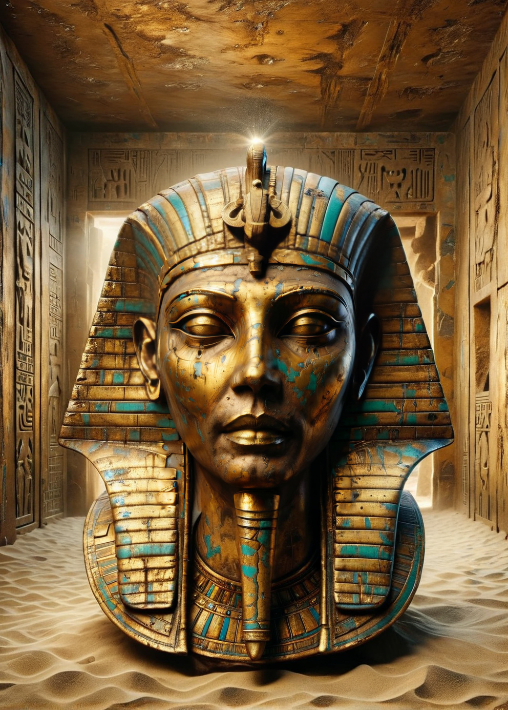 An ais-trnshd pharaoh's mask gleaming with gold and weathered with age, in sand covered room <lora:ais-trnshd-sdxl:1>