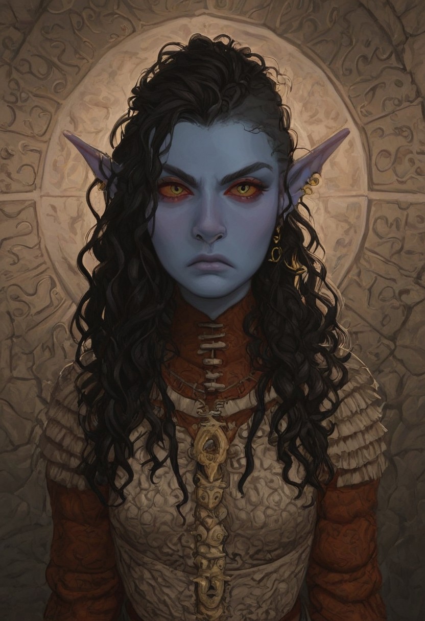 solo, short pointy ears, piercings, random elf face, aquiline features, female dark elf, brow rings, nose rings, beaded piercings, weathered skin, large nose, insect chitin armor, insect chitin helmet, insect chitin ornaments, stylized insect pattern, athletic build,  animated realism, zoomed out, Syrian features, torso, brass pipes and gears, intricate architecture, dwarven masonry, dwemer fixtures, white-green light, gloomy lighting, ancient ruins, interior, stone tiled floor, grey-blue skin, mahogany and ivory clothes, medium armor, bone plate armor, ivory straps and fittings, alien bone ornaments, grey wood neckguard, red sclera, black pupils, blue-green light, neon, highly detailed, defined features, looking at viewer, three quarters view, from above, dynamic lighting, 19 years old, light and shadows, patterned cloth, annoyed expression, expressive eyes, detailed medieval clothes, medium_breasts, very long hair, wavy hair, thick hair, beaded hair, braided hair, under cut hair, semirealistic, alien elf, spanish features, jewish features, black hair, dark red hair, umber skin, sharp features, pastel green inuit print cloak, nighttime, high detail, absurdres, pretty eyes, detailed eyes, yellow eyes,