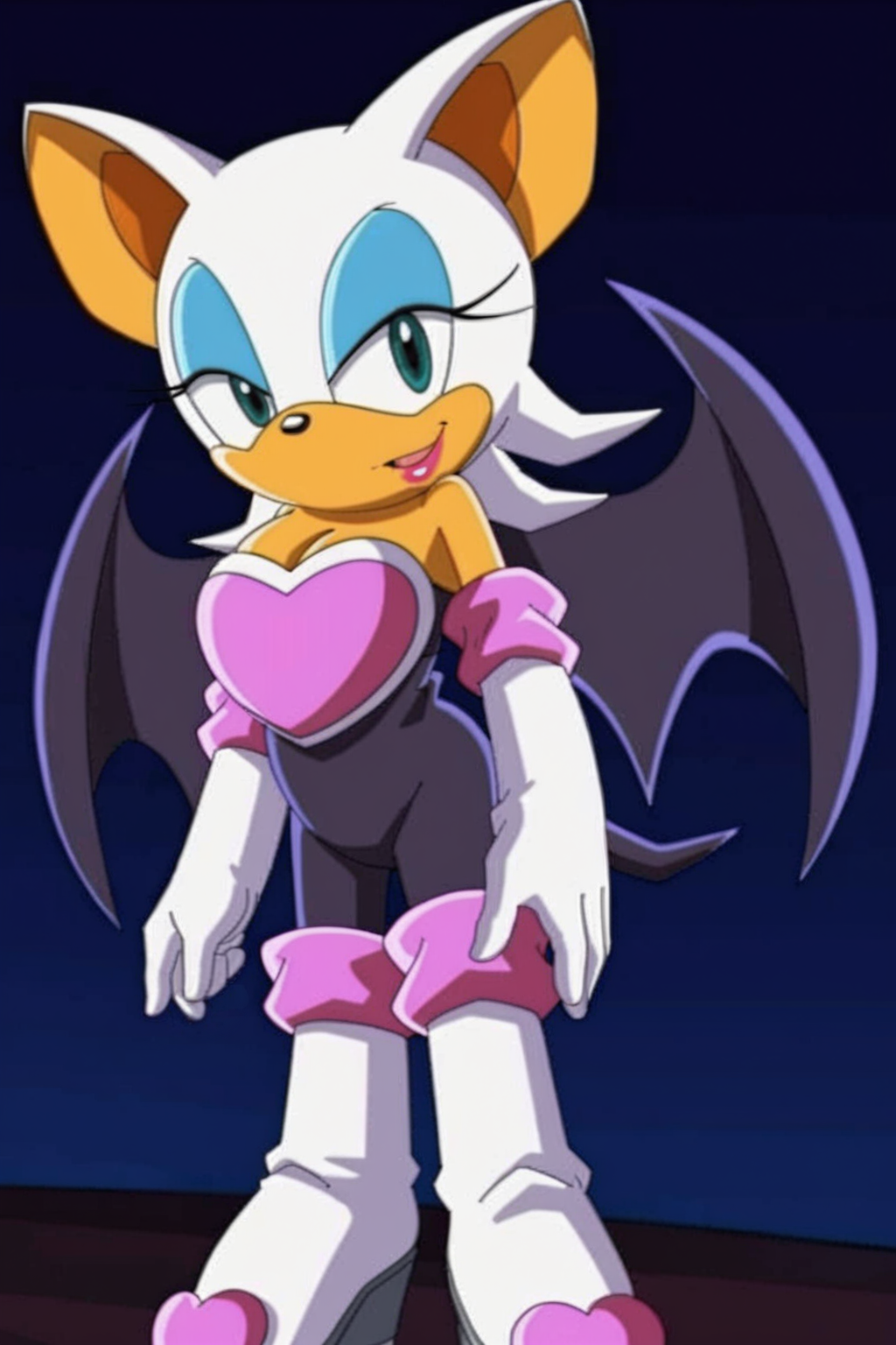 feminine, masterpiece, best quality, newest, absurdres, highres, rouge the bat, furry female, white-pink gloves, black jumpsuit, bat wings, teal eyes, pink-heart chestplate, lipstick, pink socks, white boots
BREAK
dark background, dynamic background, <lora:Rouge_the_bat_Pony:1>