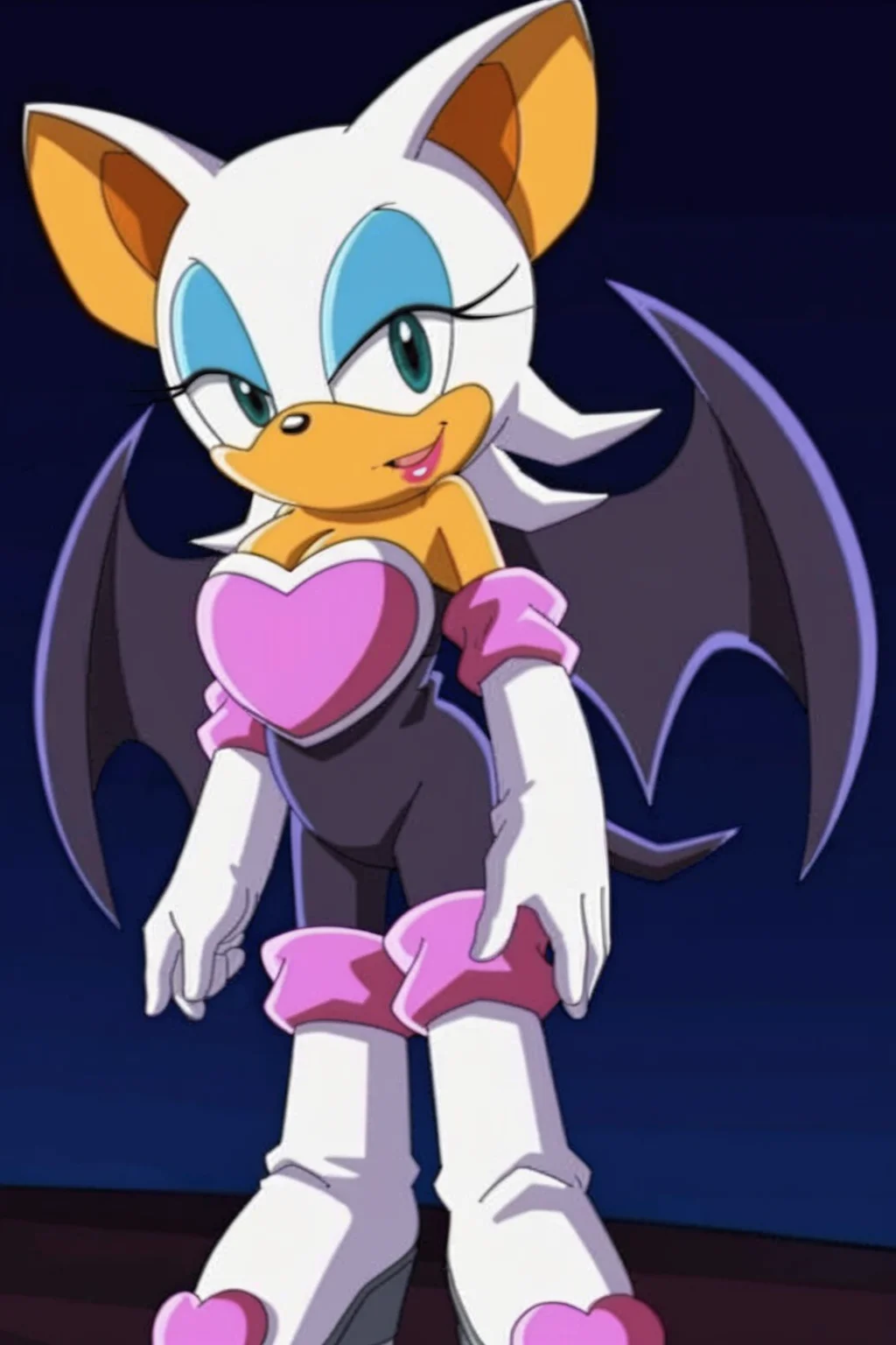 feminine, masterpiece, best quality, newest, absurdres, highres, rouge the bat, furry female, white-pink gloves, black jumpsuit, bat wings, teal eyes, pink-heart chestplate, lipstick, pink socks, white boots
BREAK
dark background, dynamic background, <lora:Rouge_the_bat_Pony:1>