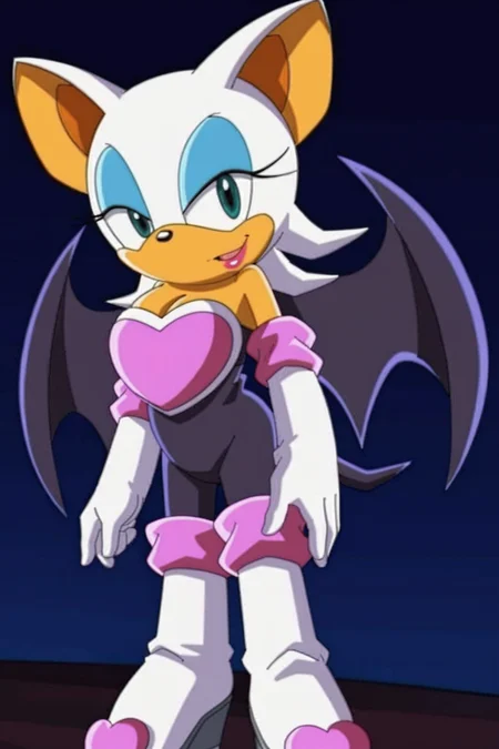 feminine, masterpiece, best quality, newest, absurdres, highres, rouge the bat, furry female, white-pink gloves, black jumpsuit, bat wings, teal eyes, pink-heart chestplate, lipstick, pink socks, white boots
BREAK
dark background, dynamic background, <lora:Rouge_the_bat_Pony:1>