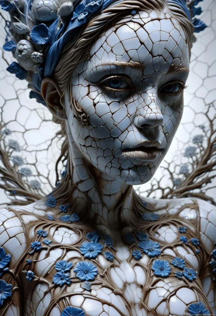Close-up porcelain face, mysterious silhouette of a porcelain woman in worn down porcelain clothing, white and blue porcelain, alluring goddess, by Minjae Lee, Carne Griffiths, Emily Kell, Steve McCurry, Geoffroy Thoorens, Aaron Horkey, Jordan Grimmer, Greg Rutkowski, amazing depth, double exposure, surreal, geometric patterns, intricately detailed, bokeh, perfect balanced, deep fine borders, artistic photorealism , smooth, great masterwork by Suiras <lora:add-detail-xl:2> <lora:Double_Exposure:0.5>