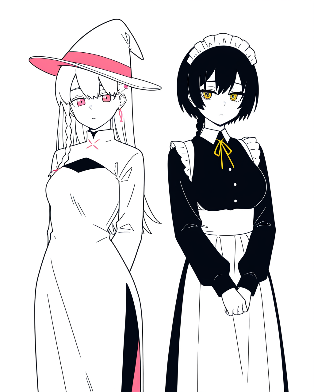 2girls, ADDCOL, suou \(lower\), black hair, braid, yellow eyes, maid headdress, maid, white apron, yellow ribbon, black dress, ADDCOL, ix \(lower\), which hat, white hat, white hair, pink eyes, white dress, ADDCOL, monochrome, looking at viewer, cowboy shot, simple background, white background, masterpiece, best quality, very aesthetic, absurdres