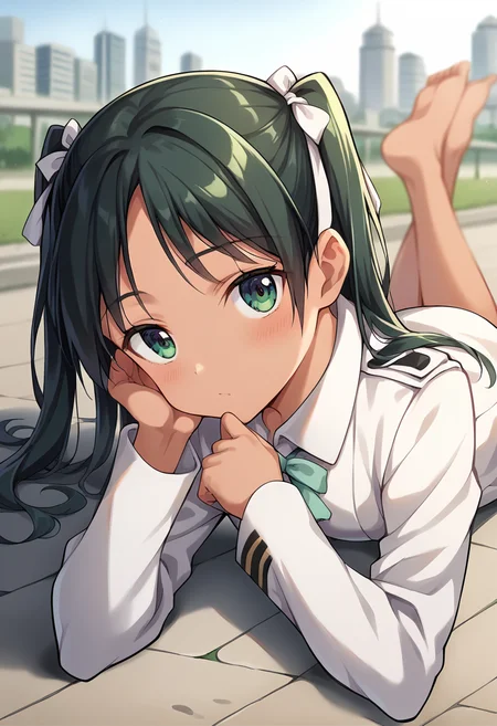 score_9, score_8_up, score_7_up, source_anime, masterpiece, 1girl, ctianfranc3sca, (tan:0.3), white uniform, white ribbon, neck ribbon, facing viewer, looking at viewer, outdoors, sunny, day, city, depth of field, ground, on ground, lying, barefoot, close-up, on stomach, hand on chin, arm support.<lora:Francesca_Lucchini_updated_v2_ct:1>,