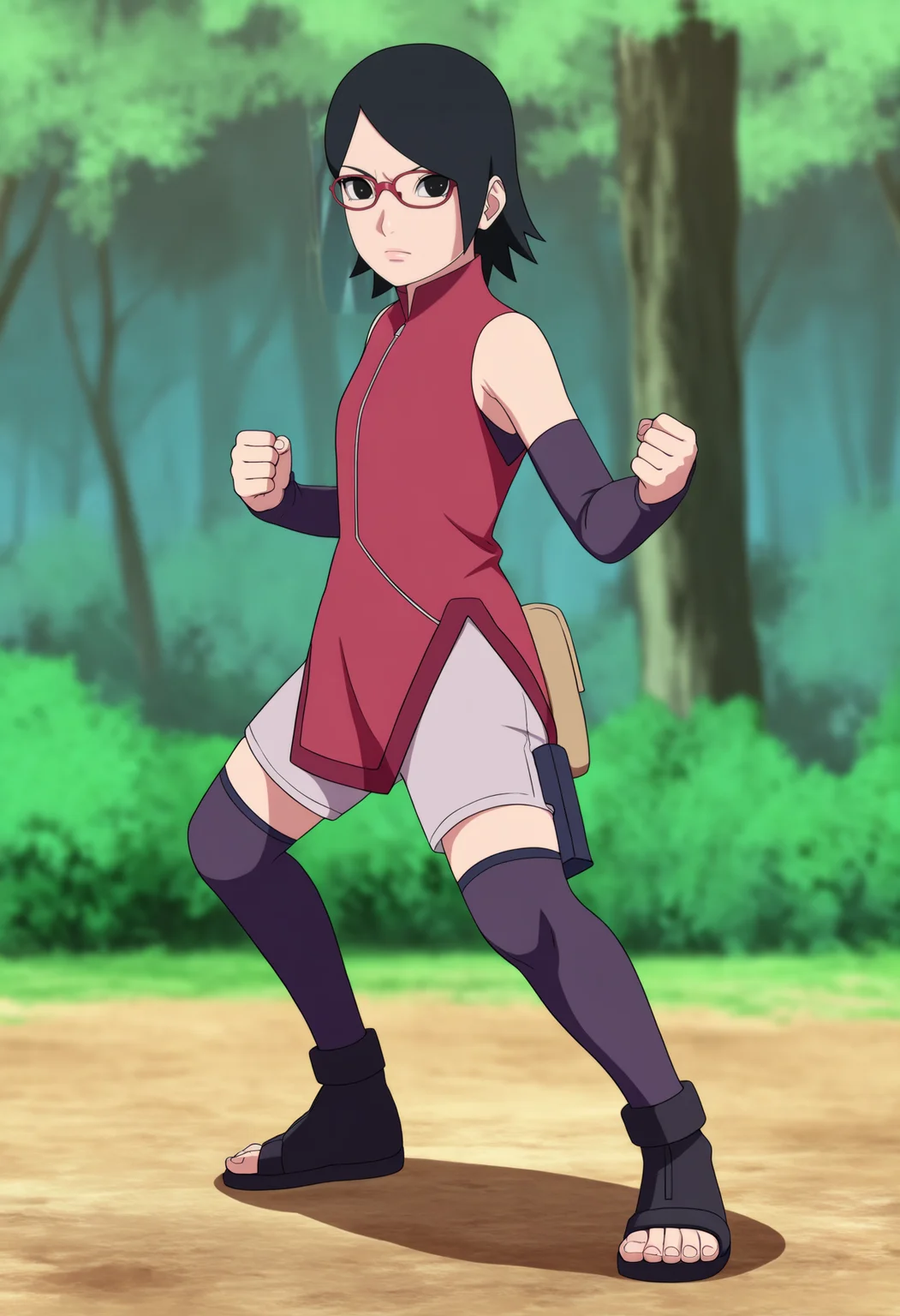 masterpiece, best quality, very aesthetic, absurdres,
1girl, sarada, black eyes, black hair, short hair, glasses,
detached sleeves, shorts, thighhighs, toeless shoes, red sleeveless dress,
clenched hands,
fighting stance, full body, looking at viewer, solo, standing, outdoors, forest, <lora:SaradaNoobXL_byKonan:1>