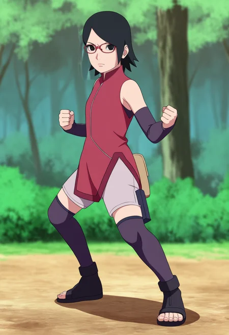 masterpiece, best quality, very aesthetic, absurdres,
1girl, sarada, black eyes, black hair, short hair, glasses,
detached sleeves, shorts, thighhighs, toeless shoes, red sleeveless dress,
clenched hands,
fighting stance, full body, looking at viewer, solo, standing, outdoors, forest, <lora:SaradaNoobXL_byKonan:1>