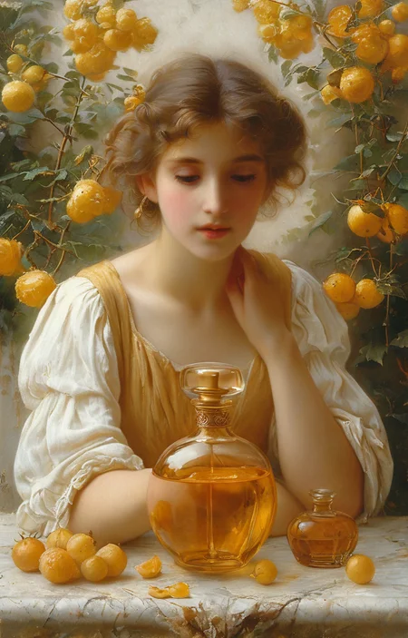masterpiece,best quality,<lora:tbh202-sdxl:0.9>,illustration,style of william bouguereau A bottle of perfume in garden